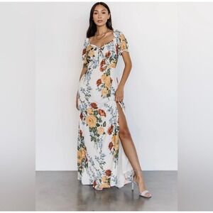 BALTICBORN Angela Maxi Dress Off White Floral Puff Sleeve Square Neck S NWT